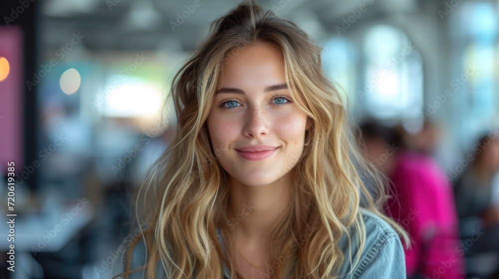a close up of a woman with blonde hair and blue eyes looking at the camera with a blurry background of people in the background and a blurry background. a close up of a woman with blonde hair and blue eyes looking at the camera with a blurry background of people in the background and a blurry background.