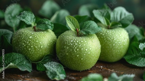  three green apples sitting on top of a wooden table next to leaves and water droplets on the top of the apples, with green leaves on top of the table. photo