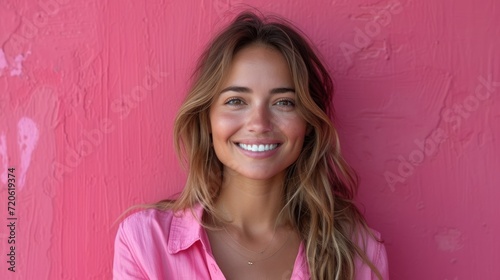  a woman in a pink shirt standing in front of a pink wall and smiling at the camera with a pink wall behind her and a pink painted wall behind her.