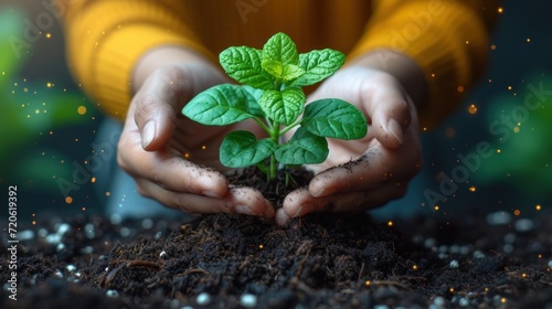  a close up of a person holding a small plant in their hands with dirt on the ground in front of them and green leaves on the top of the soil.