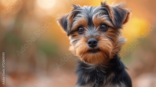  a close up of a small dog looking at the camera with a blurry background of leaves in the foreground and a blurry background of leaves in the foreground.