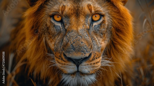  a close up of a lion s face with an intense look on it s face  with long grass in the foreground and a blurry background.