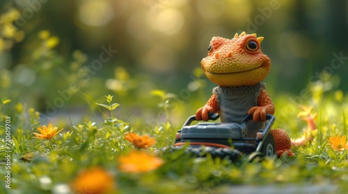  a toy lizard sitting on top of a lawn mower in a field of green grass and yellow flowers with the sun shining through the trees in the back of the background. © Jevjenijs