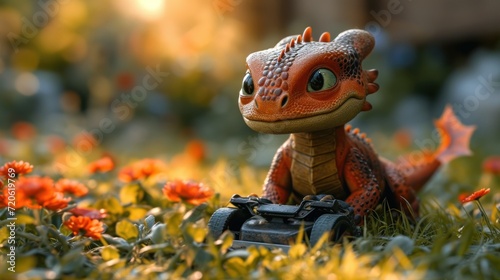  a close up of a toy dinosaur in a field of flowers with a camera in the foreground and a toy car in the foreground with a building in the background. © Jevjenijs