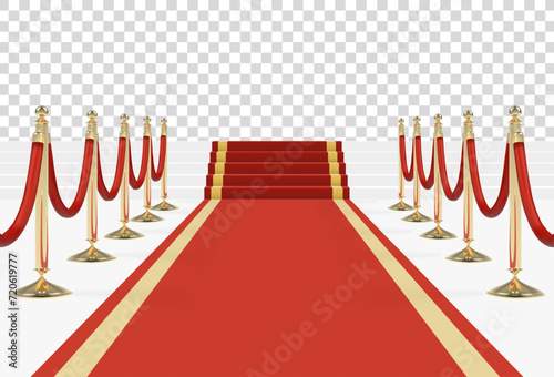 Red carpet on stairs with red ropes on golden stanchions photo