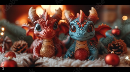  a couple of figurines sitting next to each other on top of a pile of christmas ornament balls and a pine cone with a candle in the background.