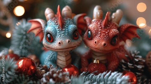  a couple of red and blue dragon figurines sitting next to each other on top of a pile of pine cones and pineconifery branches in front of a christmas tree.