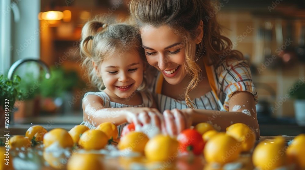  a woman and a little girl are in front of a table with lemons and a candy cane in the middle of the table is a pile of lemons. - obrazy, fototapety, plakaty 