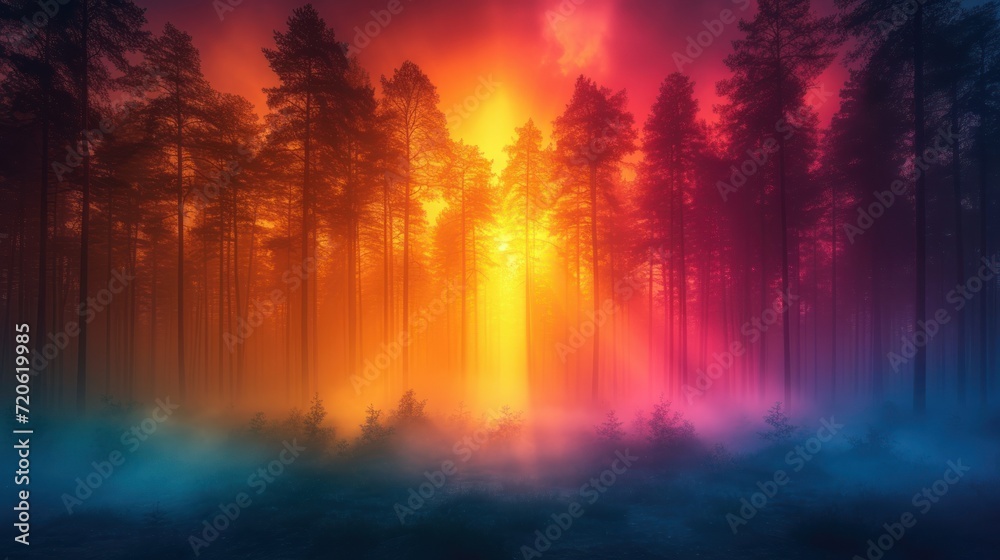 a forest filled with lots of tall trees under a red and blue sky with a bright light coming from the top of the trees in the middle of the forest.