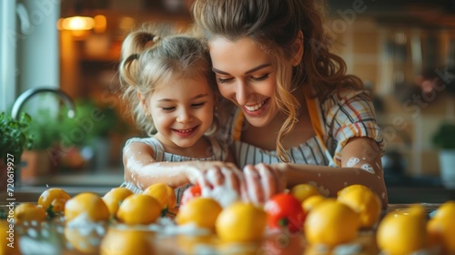 a woman and a little girl are in front of a table with lemons and a candy cane in the middle of the table is a pile of lemons.