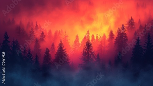  a forest filled with lots of trees covered in a red and blue smoke billowing out of the top of the smokestacks of the tops of the trees.