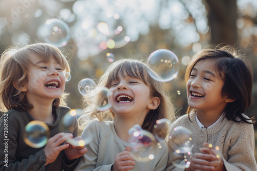 children playing with soap bubbles in a forest