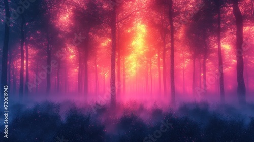  a forest filled with lots of trees covered in a pink and blue mist covered forest filled with lots of trees covered in a pink and blue mist filled forest filled with lots of trees.