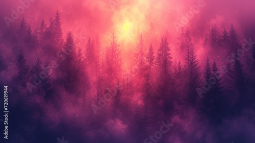  a forest filled with lots of trees on top of a purple and pink foggy sky with the sun shining through the trees on top of the foggy sky.