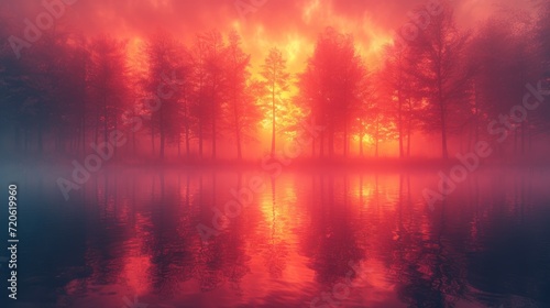  a red and blue photo of a forest with a lake in the foreground and the sun shining through the trees on the other side of the lake in the background.