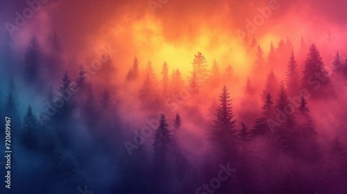 a forest filled with lots of trees under a sky filled with lots of pink and orange clouds with a star filled sky in the middle of the top of the trees.