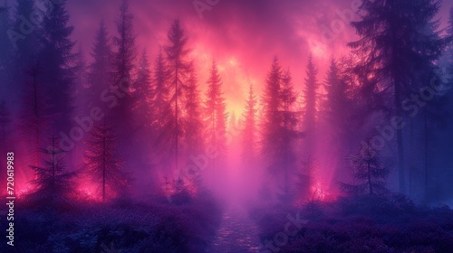  a forest filled with lots of trees next to a forest filled with lots of red and pink light coming from the top of the trees in the middle of the forest.