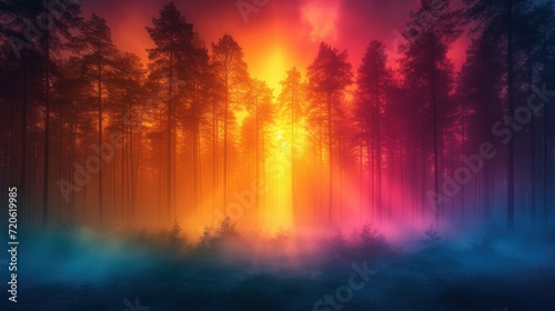  a forest filled with lots of tall trees under a red and blue sky with a bright light coming from the top of the trees in the middle of the forest.