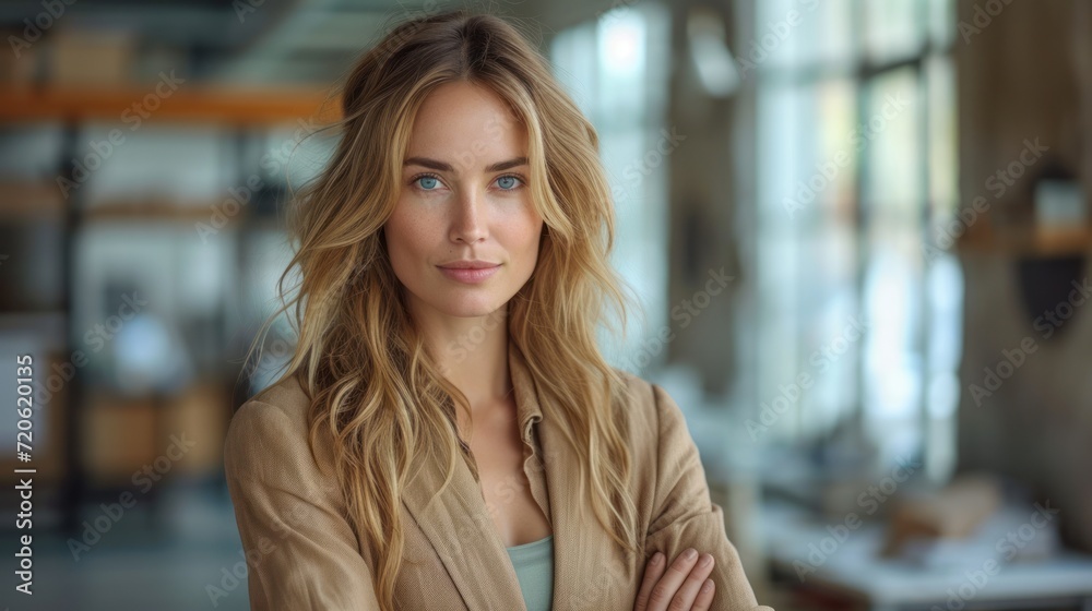  a woman standing with her arms crossed in front of her chest and looking at the camera with a serious look on her face, with a blurry background of a.