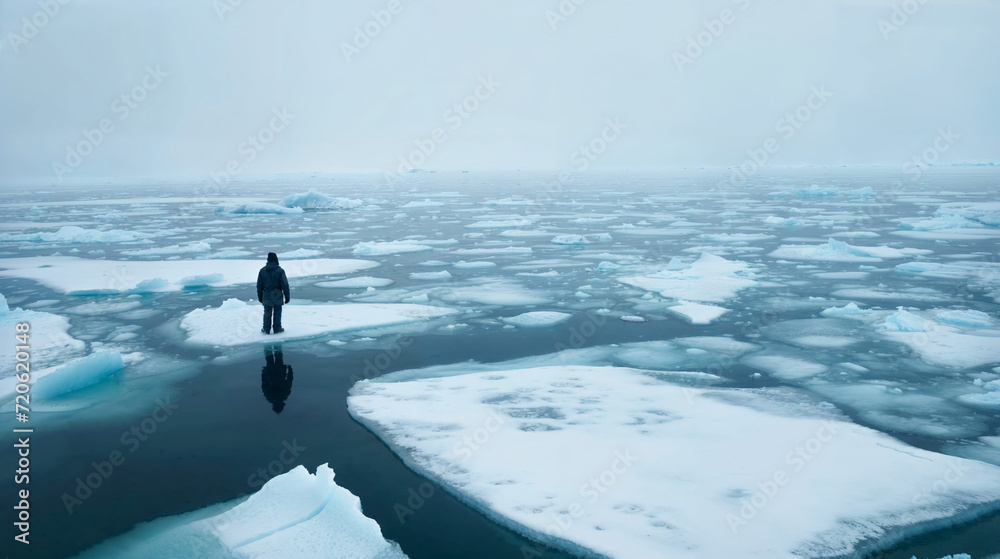 Naklejka premium Loneliness. One figure stands amidst vast expanse of melting ice floes in a polar region, evoking deep sense of isolation.