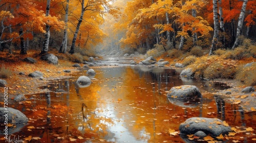  a painting of a stream in a forest with autumn leaves on the ground and rocks in the water and trees with orange leaves on the ground and yellow leaves on the ground.