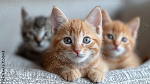 three kittens sitting on a couch with one looking at the camera and the other looking at the camera with a surprised look on their faces, with blue eyes.