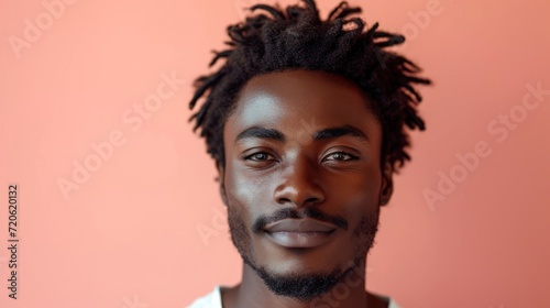  a man with dreadlocks and a white t - shirt is looking at the camera with a serious look on his face, with a pink wall in the background. © Jevjenijs