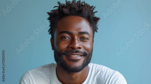  a close up of a person with a beard and a white t - shirt with dreadlocks on his head and a blue wall behind him is a smiling at the camera.