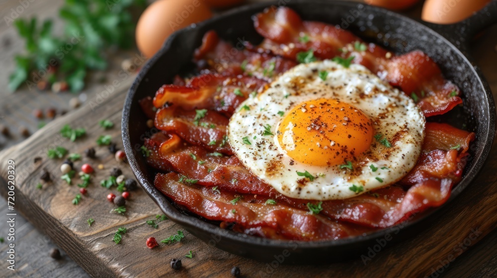 a cast iron skillet with bacon, eggs, and chives on a wooden cutting board next to eggs in a frying pan on a wooden board with parmesan sprinkles. a cast iron skillet with bacon, eggs, and chives on a wooden cutting board next to eggs in a frying pan on a wooden board with parmesan sprinkles.