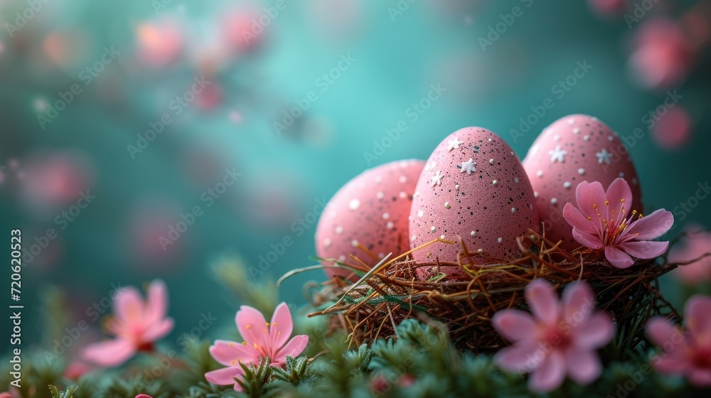 a group of pink eggs sitting in a nest on top of a moss covered ground with pink flowers in front of a blurry background of green and blue sky. a group of pink eggs sitting in a nest on top of a moss covered ground with pink flowers in front of a blurry background of green and blue sky.