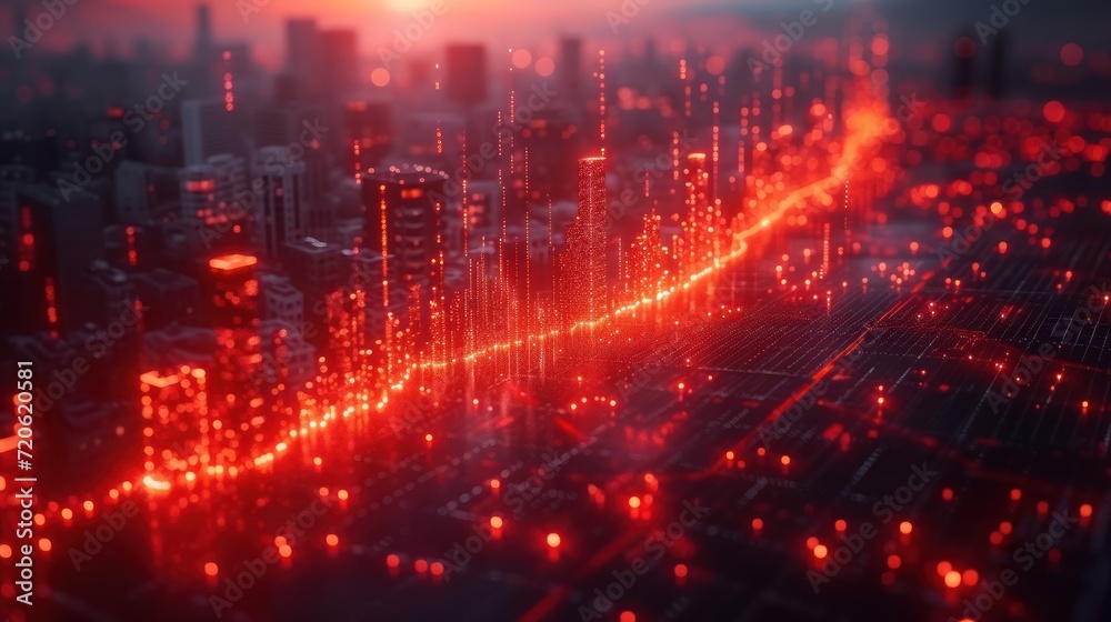  a computer generated image of a city with a red line going down the middle of the image and a red line going down the middle of the middle of the image.