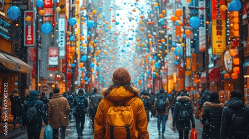  a person in a yellow jacket is walking down the street in a crowded city with balloons all over the street and people walking down the street in the street in the distance.