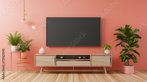Pastel color peach fuzz wall mounted TV. Interrior design mockup template. photo