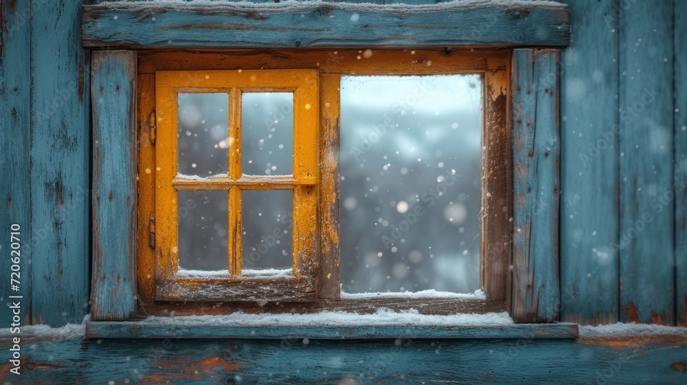  a window with a wooden frame and a yellow window pane in the middle of a room with snow falling on the window sill and the window panes.