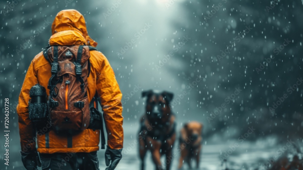 a man with a backpack and two dogs walking in the rain on a trail in the woods on a rainy day with snow falling on the ground and the ground. a man with a backpack and two dogs walking in the rain on a trail in the woods on a rainy day with snow falling on the ground and the ground.