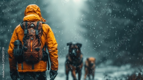  a man with a backpack and two dogs walking in the rain on a trail in the woods on a rainy day with snow falling on the ground and the ground.