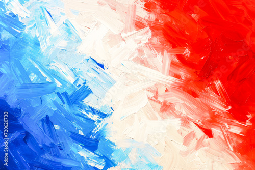 Vivid abstract interpretation of French flag, dynamic brushstrokes in blue, white, and red evoke essence of France's national pride, making it ideal background for patriotic and cultural content photo