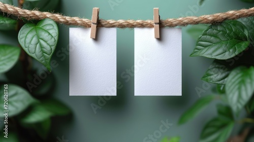  two pieces of white paper hanging on a rope next to a green leafy wall and a pair of wooden clothes pegs with clothes pins attached to the clothes pins. photo