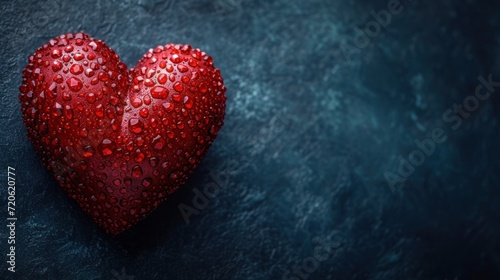  a red heart sitting on top of a blue surface with water droplets on the heart and the word love written in the middle of the heart on the left side of the image.