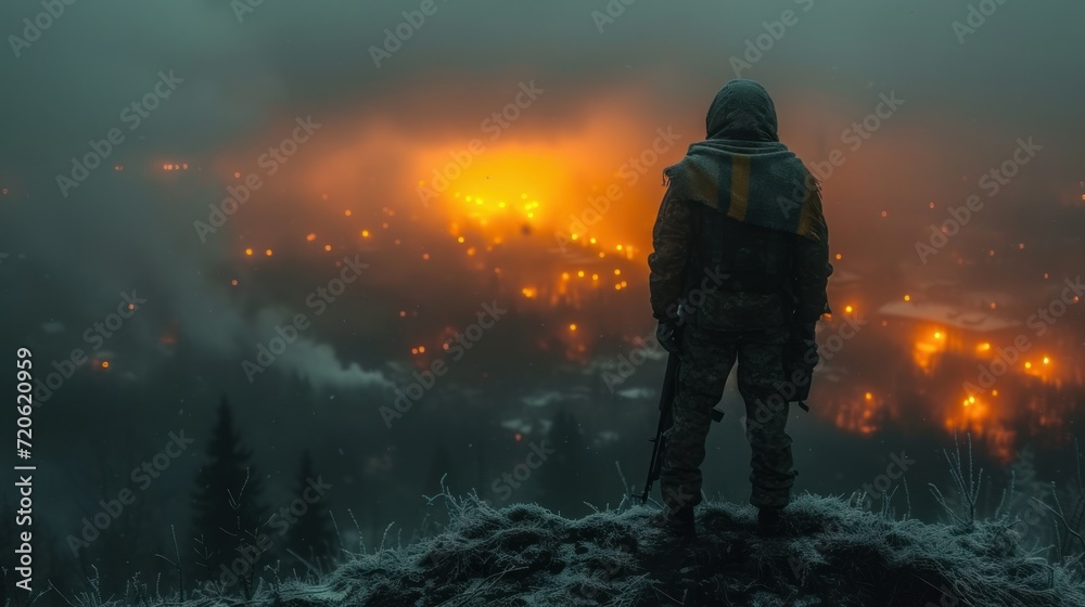 a man standing on top of a hill with a gun in his hand and a fire in the distance in the distance behind him is a foggy night sky. a man standing on top of a hill with a gun in his hand and a fire in the distance in the distance behind him is a foggy night sky.