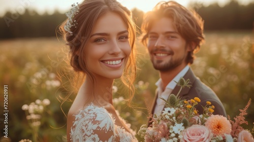  a bride and groom standing in a field of wildflowers and holding a bouquet of flowers in front of the sun shining through the trees and behind them on a sunny day.