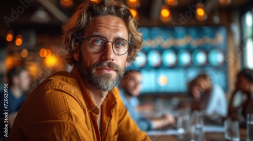  a man with a beard and glasses sitting at a table in front of a group of people sitting at a table with drinks in front of him and looking at the camera.