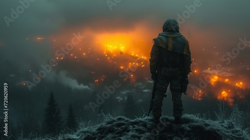  a man standing on top of a hill with a gun in his hand and a fire in the distance in the distance behind him is a foggy night sky.