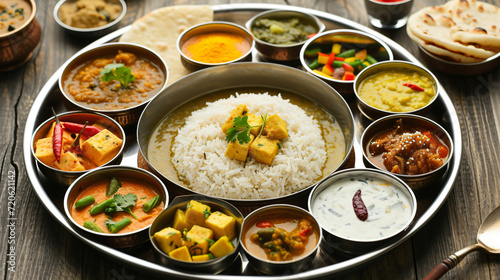 A traditional Indian thali featuring an array of dishes like dal paneer chapati rice and pickles in small bowls on a round tray.