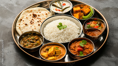 A traditional Indian thali featuring an array of dishes like dal paneer chapati rice and pickles in small bowls on a round tray. photo