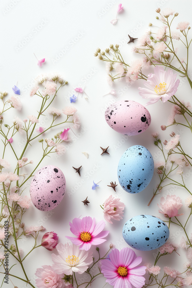 Nature's Nest: Speckled Eggs Cradled in a Twig Nest Surrounded by Delicate Spring Flowers Nature's Nest: Speckled Eggs Cradled in a Twig Nest Surrounded by Delicate Spring Flowers