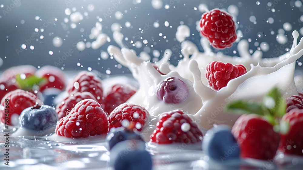 Raspberries and blueberries in a splash of milk Raspberries and blueberries in a splash of milk