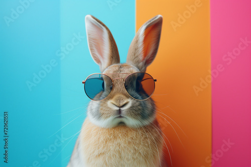 cool easter rabbit with sunglasses on a flat background