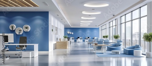Modern minimalist white and blue color on open space room office interior design. AI generated image photo