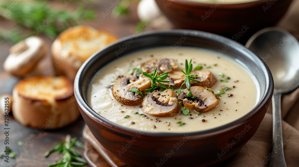 Cream soup with mushrooms in a bowl